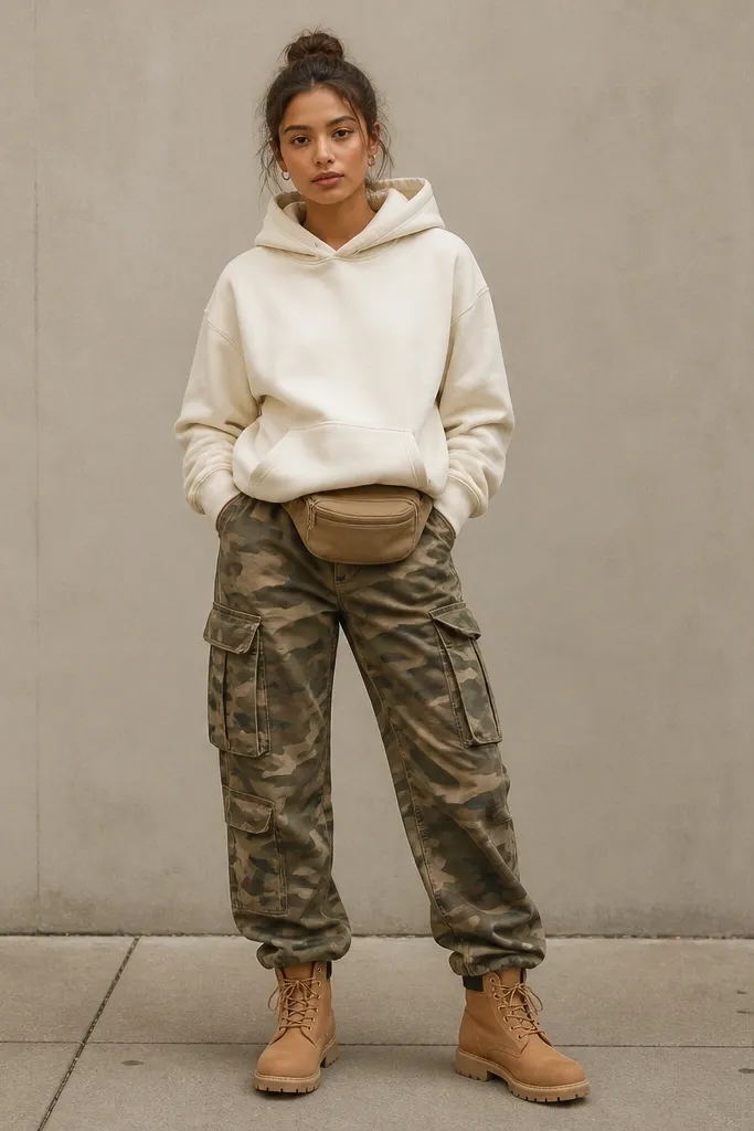 Outfit standing shot: cream hoodie layered over camo cargo pants, tan rugged work boots, and a compact belt bag at the waist; the background is a neutral sidewalk tone.