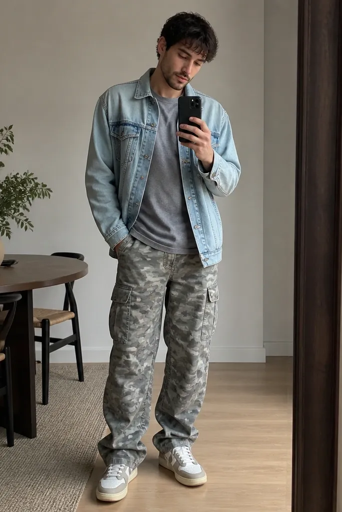 A mirror selfie style image: light wash denim jacket worn open over a heather gray tee, gray camo cargo pants, and retro low-top sneakers with off-white soles.