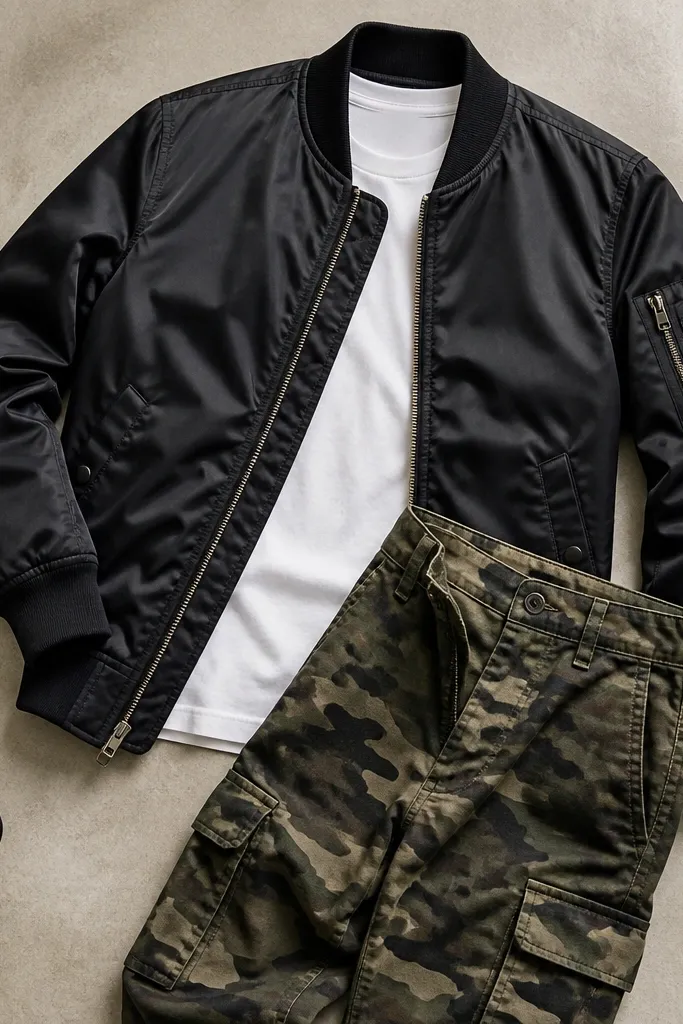 Studio-style flat lay: white tee with a black bomber jacket zipped halfway, camo cargo pants, and a dark leather strap watch; the bomber fabric has a subtle sheen.