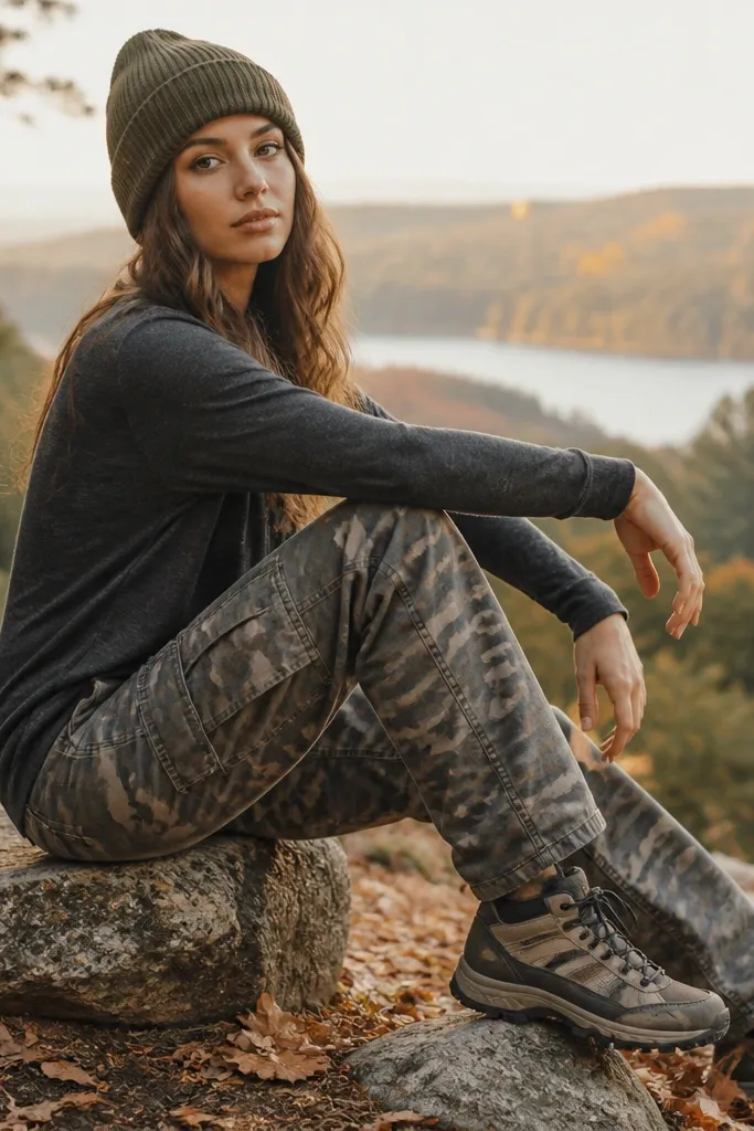 Cool-weather outfit: charcoal long-sleeve shirt, gray/green camo cargo pants, olive knit beanie, and trail-hiking sneakers with textured soles; the photo feels autumn-cozy.