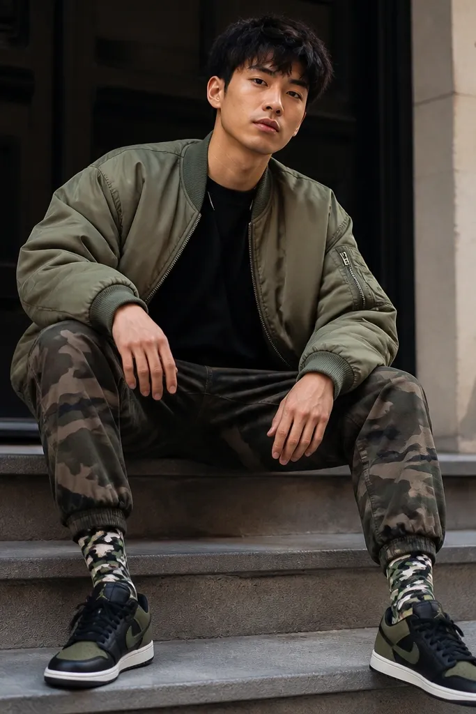 Street-style vibe: black oversized tee worn over camo cargo pants, olive bomber jacket, and visible patterned socks peeking above black-and-olive sneakers.