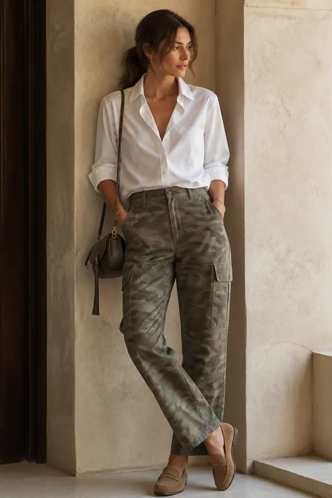 Semi-dressed look: white button-down worn with sleeves rolled, tucked into camo cargo pants, tan suede loafers, and a small crossbody bag; lighting is warm and flattering.