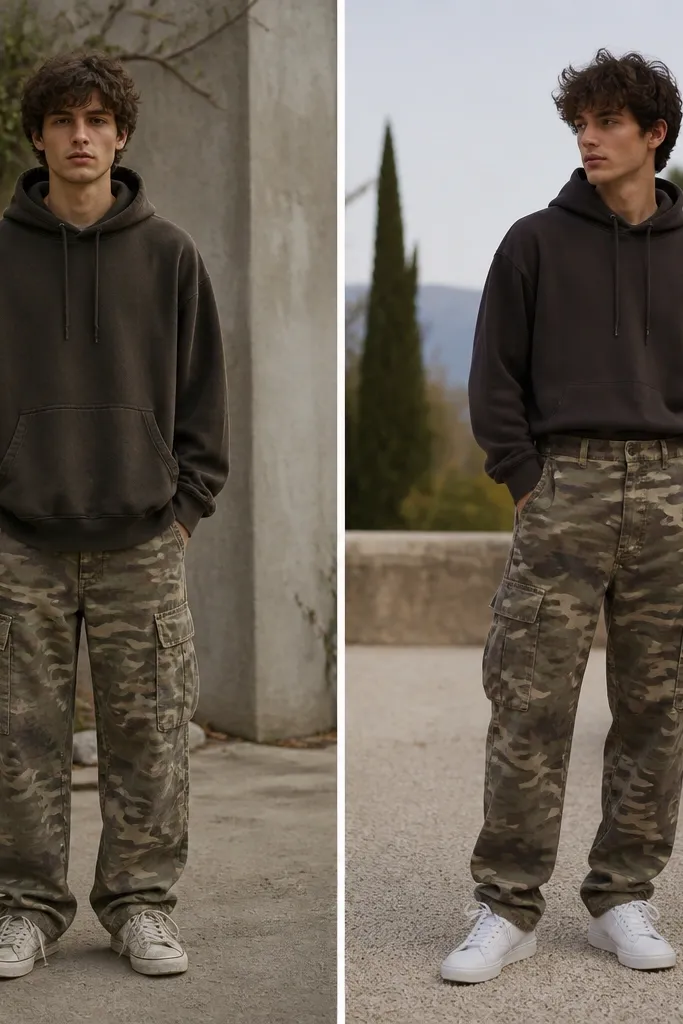 Person standing outdoors wearing the same camo cargo pants. Left image: full-length hoodie hangs untucked over the waistband; laces look uncoordinated and shoes appear worn. Right image: hoodie is shorter in length or slightly cropped with a front tuck; laces are neatly tied and the hood is down.