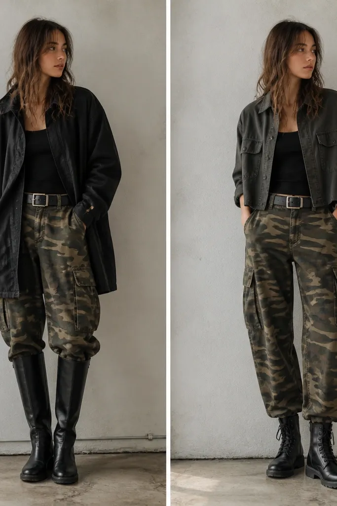 Two photos of the same outfit layout: left shows camo cargo pants with tall black boots and a long dark jacket that reaches below the hips; right shows the same pants with shorter combat boots and a short olive or charcoal overshirt that ends around the waistband.