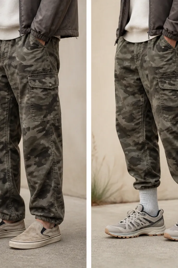 Split images: left shows camo cargos with low-cut socks and worn slip-on shoes; right shows the same pants with visible crew socks (gray/white) and clean trail runners with a light outsole.