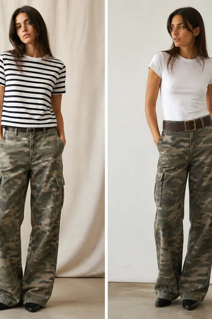 Two photos side by side: left shows camo cargo pants with a black-and-white striped tee and a narrow belt; right shows the same pants with a plain white tee and a wider belt with a simple buckle. The right look has more structure around the waist.