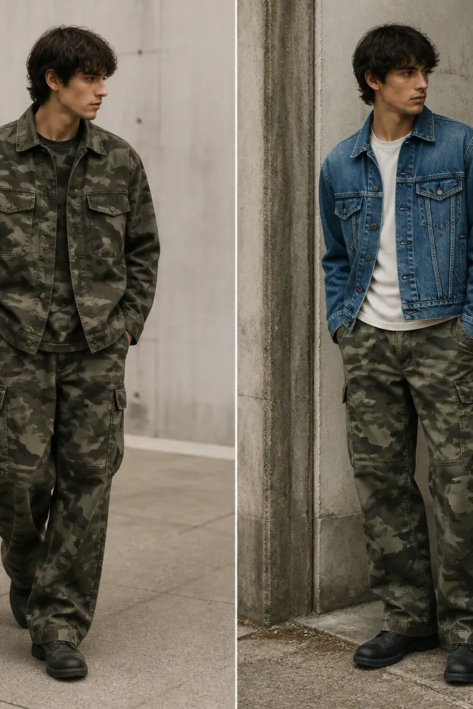 Left photo shows camo cargo pants with a camo jacket in a similar tone, creating a full camo set; right photo shows camo cargo pants paired with a medium-wash denim jacket and a plain tee underneath. The denim adds visible contrast in texture.