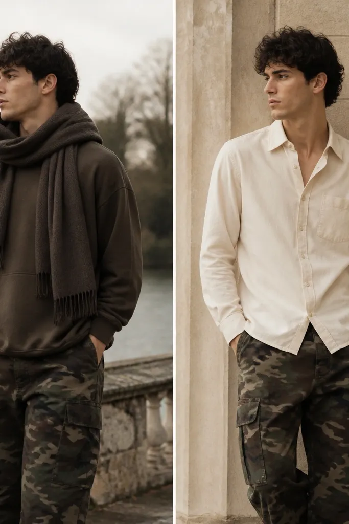 Two images: left shows the person wearing a hooded top with a thick scarf around the neck while camo cargo pants are visible; right shows the same camo pants with an open-collar button-down shirt (light color) and no scarf. The right neckline looks cleaner.