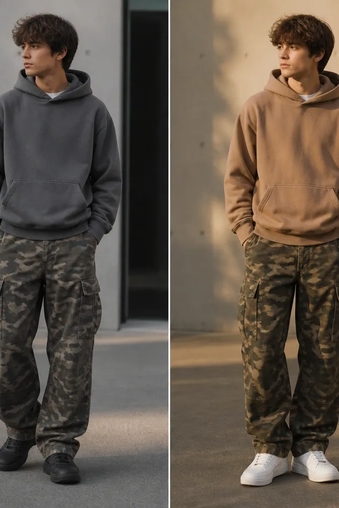 Split-screen: left shows camo cargo pants with a dull gray hoodie and dark sneakers; right shows the same pants with a warm tan hoodie and clean white sneakers. The right outfit looks warmer and more contrasty.