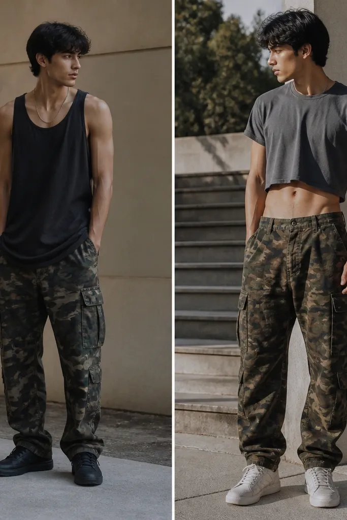 Two photos: left shows camo cargo pants with a long tank that covers most of the waistband area and dark sneakers; right shows the same pants with a cropped tee that reveals the waistband and sneakers that are noticeably lighter (white or light gray).