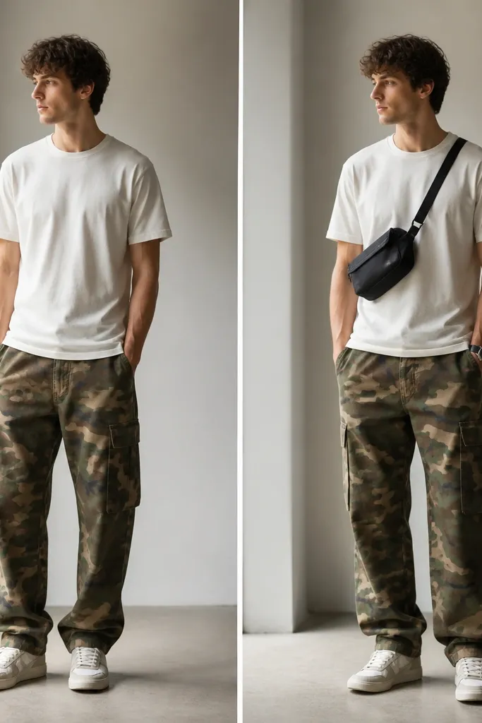 Left image: camo cargo pants with a basic tee and no visible accessories; right image: same camo pants with a tee plus a small crossbody bag across the chest and a wristwatch. The crossbody strap is positioned to sit above the cargo pocket line.