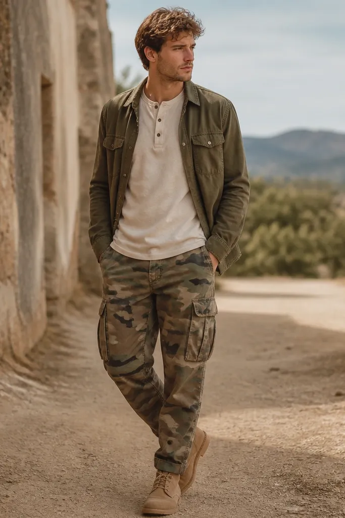 A model in camo cargo pants paired with a cream henley (three-button placket). An olive overshirt is layered on top, and suede-style tan desert boots complete the outfit. Natural daylight highlights the warm tones.