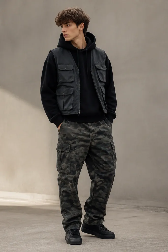 Camo cargo pants with a darker, green-gray pattern. The outfit includes a black hoodie, a charcoal utility vest worn over it, and black low-top sneakers. The camera angle shows the vest pockets and clean waistband.