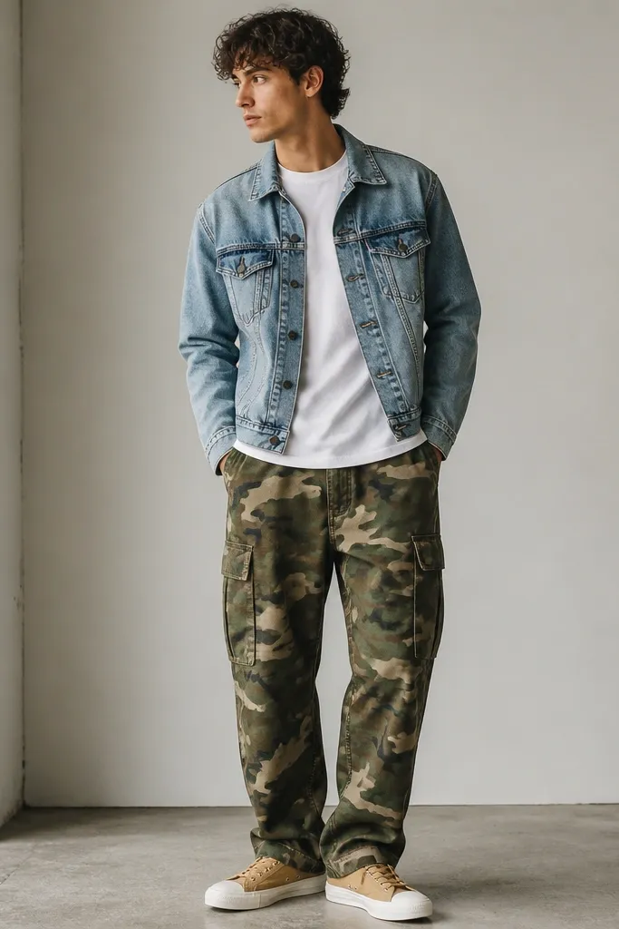 A person wearing camo cargo pants with a medium-contrast green-brown print. They’re styled with a light wash denim jacket over a white tee and tan canvas sneakers with white soles.