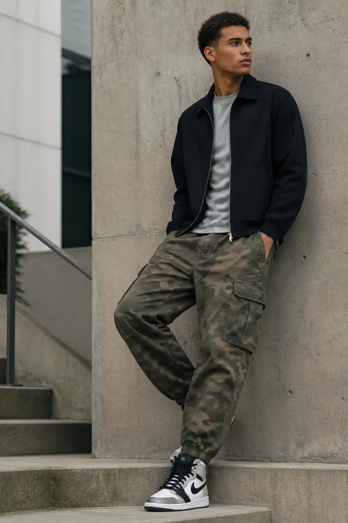 Camo cargo pants paired with a heather gray tee. A black harrington jacket is zipped up halfway, and the shoes are white-and-black high-top sneakers. The outfit looks crisp with a sporty vibe.