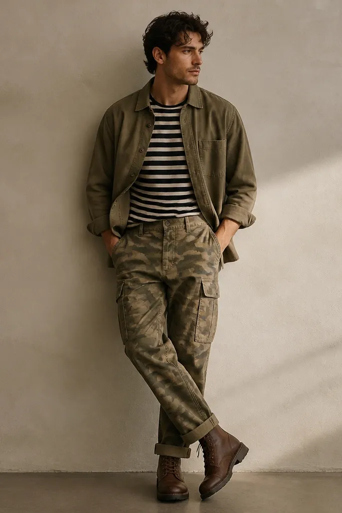 A model in camo cargo pants with a muted olive tone. They wear a black-and-cream striped tee, an olive overshirt, and brown leather-look boots. The stripes add movement near the chest.