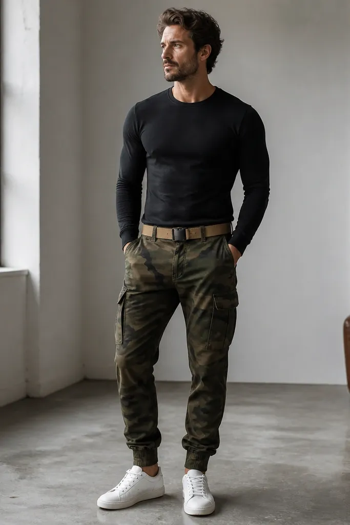 Camo cargo pants with a darker green pattern. A black long-sleeve shirt is worn fitted, a tan belt is visible at the waist, and minimalist white sneakers finish the look.