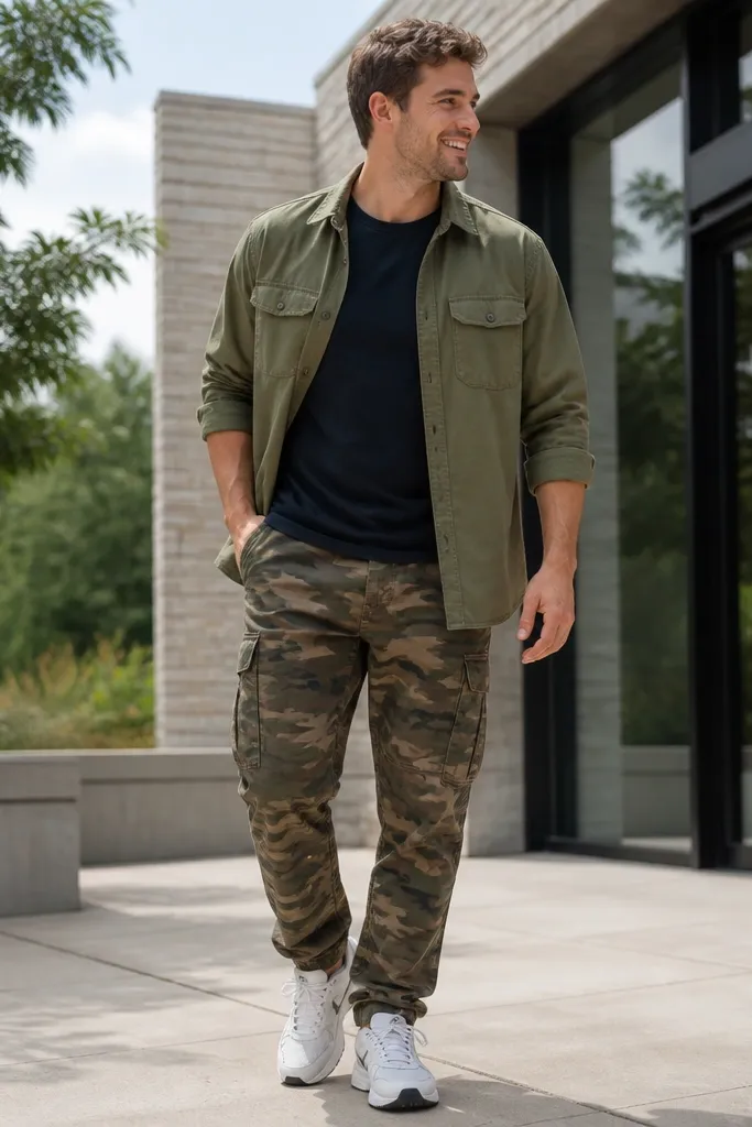 Camo cargo pants paired with a navy T-shirt. An olive utility shirt is layered open, and white running shoes are visible. The outfit looks bright and sporty in daylight.