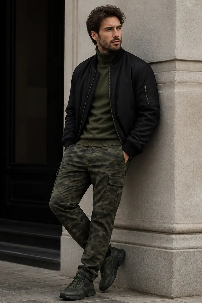 A man wearing camo cargo pants in muted green tones. He has an olive turtleneck under a black bomber jacket and black/olive trainers. The bomber collar frames the camo for a layered, fall look.