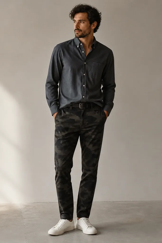 Person in charcoal button-down oxford shirt partially tucked into dark camo pants, belt with a slim black buckle, and white low-top sneakers.