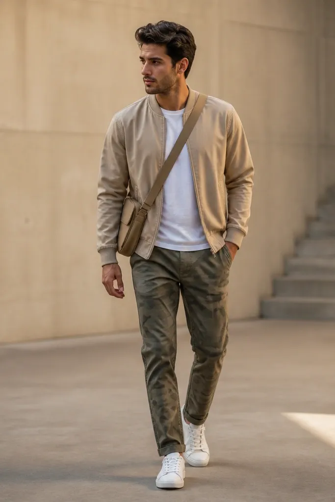 Thin sand bomber jacket over a white tee, olive camo pants, clean white leather sneakers, and a crossbody bag in tan.
