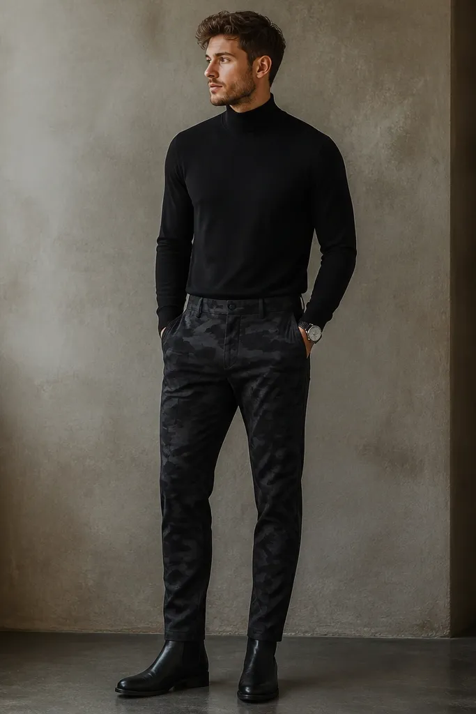 Black mock-neck sweater tucked into dark camo tapered pants, black Chelsea boots, and a silver-toned watch.