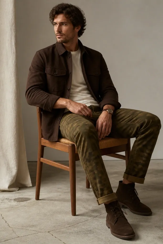 Espresso brown shirt jacket worn over a cream t-shirt, olive camo pants, dark brown suede desert boots, and a leather strap watch.