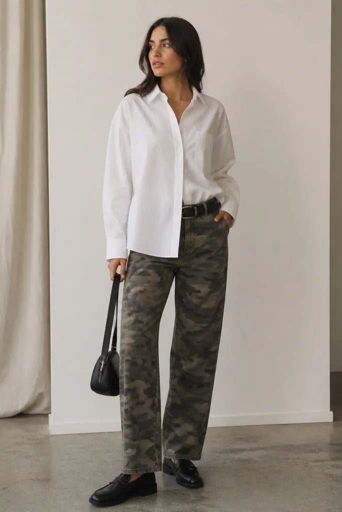White poplin button-down worn slightly loose over camo pants, black leather belt, black loafers, and a small black leather bag.