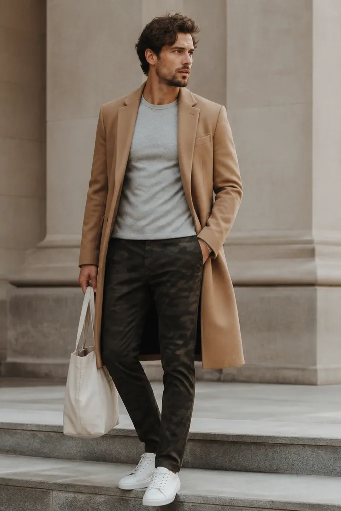 Light gray fitted tee under a camel overcoat, dark camo pants, minimal white sneakers, and a simple tote bag.