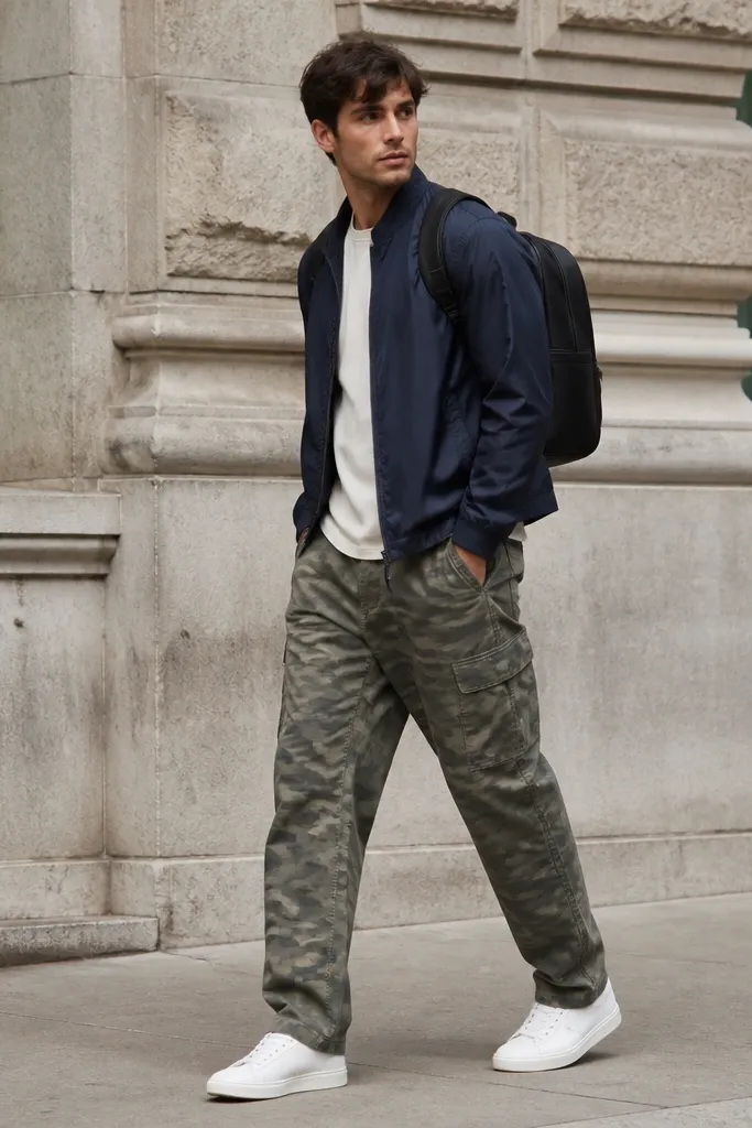 Navy windbreaker over a cream tee, olive camo pants, white sneakers, and a sleek black backpack with minimal branding.