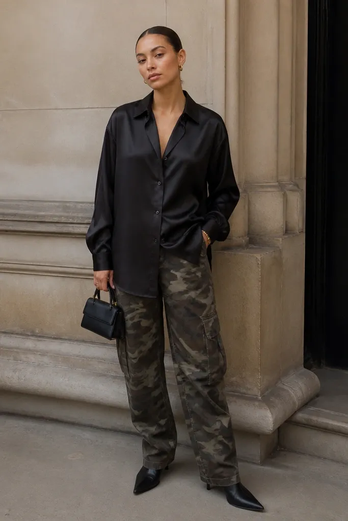 Black satin button-up worn out over camo pants, pointed-toe ankle boots in black, small gold hoop earrings, and a structured mini bag.