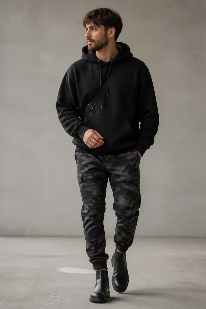 Black-and-gray camo jogger-style pants with a matte black hoodie and black leather Chelsea boots; minimal silver ring and crossbody strap.