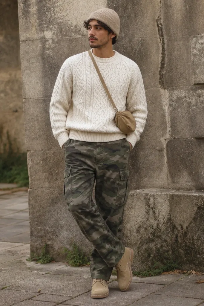 Green camouflage pants styled with a cream cable-knit sweater and tan suede desert boots; neutral beanie and crossbody bag shown.