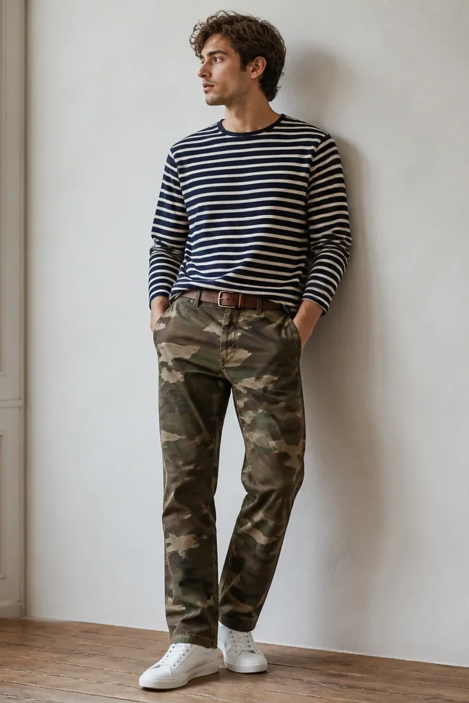 Camo pants paired with a navy-and-cream striped long sleeve shirt; a simple brown belt and white sneakers; the waistband shows a clean fit.