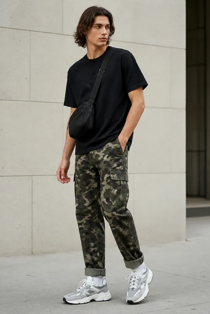 Camo cargo pants with a simple black graphic tee and chunky white-and-gray trainers; a crossbody bag and cuffed pant hem shown clearly.