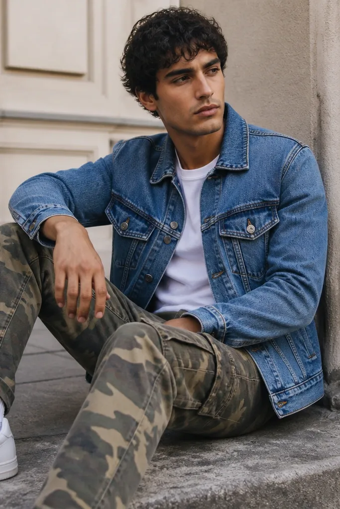 Camo pants layered under a classic medium-wash denim jacket; white sneakers and a plain white tee underneath; collar and seams clearly shown.