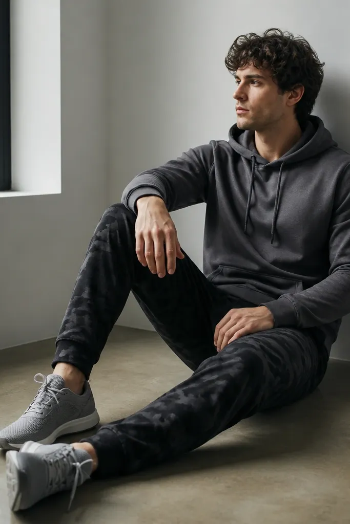 Black camo pants with a charcoal pullover hoodie and grey mesh running shoes. The hood is down and the outfit looks relaxed but fitted.