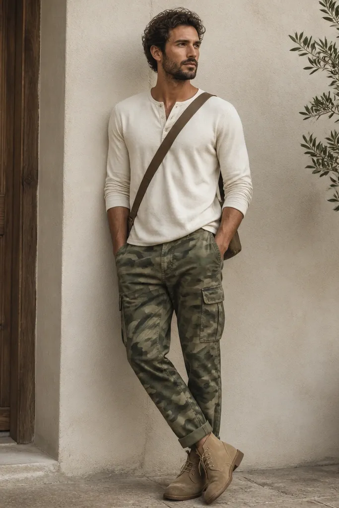 Green camo pants worn with a cream henley shirt and tan suede desert boots. A crossbody bag strap runs diagonally across the chest.