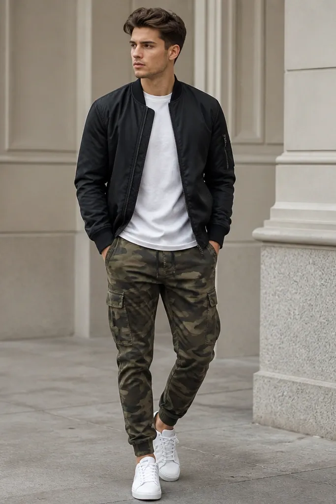 Camo jogger pants paired with a black bomber jacket and a white crew-neck tee. White low-top sneakers complete the look.
