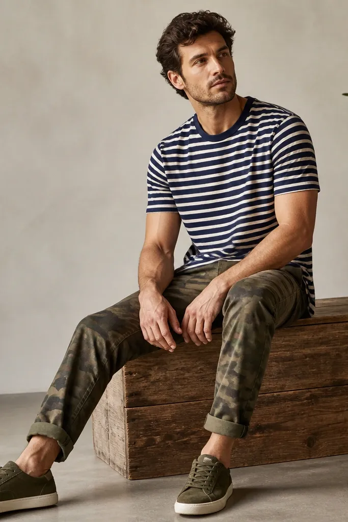 Olive camo pants with a navy-and-white striped T-shirt. The shoes are olive-green sneakers with off-white soles.