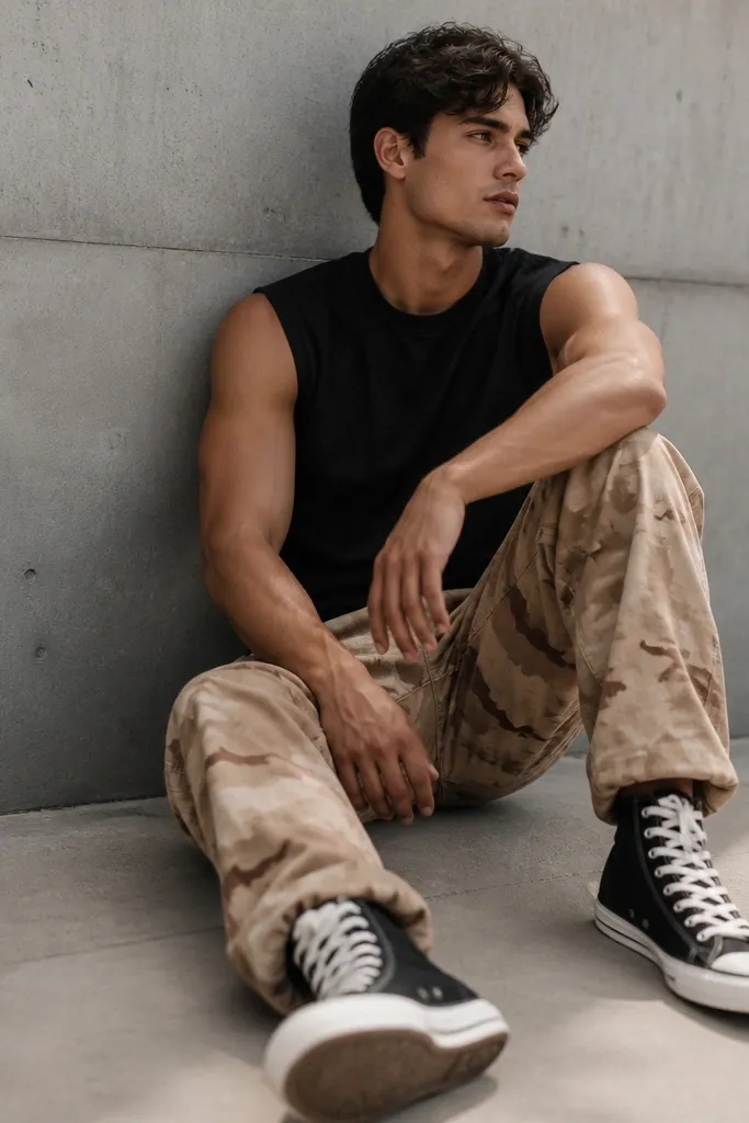 Tan camo pants paired with a black sleeveless muscle tee. The footwear is black high-top sneakers with white laces.