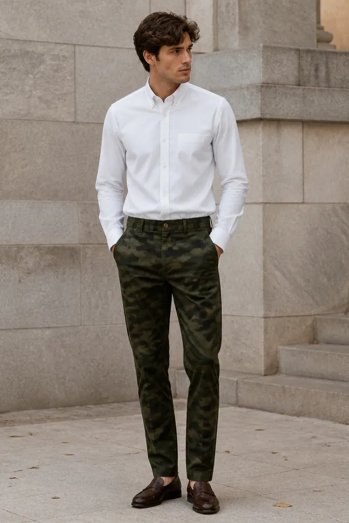 Forest green camo pants with a crisp white button-down shirt fully buttoned and slightly tucked. Brown loafers sit neatly under the hem.