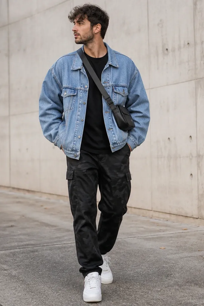 Black camo pants with an oversized light-wash denim jacket layered over a plain black tee. White sneakers and a black crossbody bag are shown.