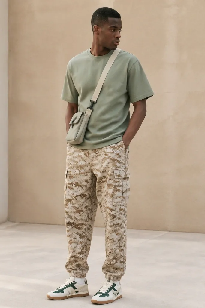 Tan camo pants with a sage green t-shirt and retro-style trainers featuring white uppers and green accents. A small shoulder bag sits at the hip.