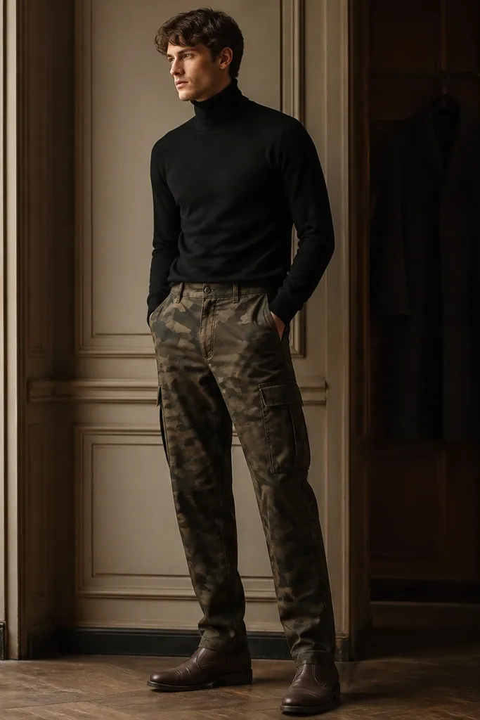 Camo utility-style pants worn with a black turtleneck and dark brown leather boots. The outfit looks sleek with a long coat in the background.