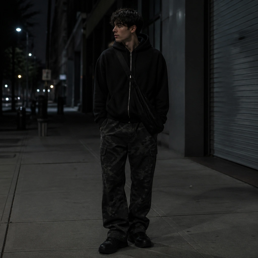 Dark camo pants paired with a black zip hoodie, black chunky sneakers, and a crossbody bag; the outfit is photographed in a dim street light for contrast.