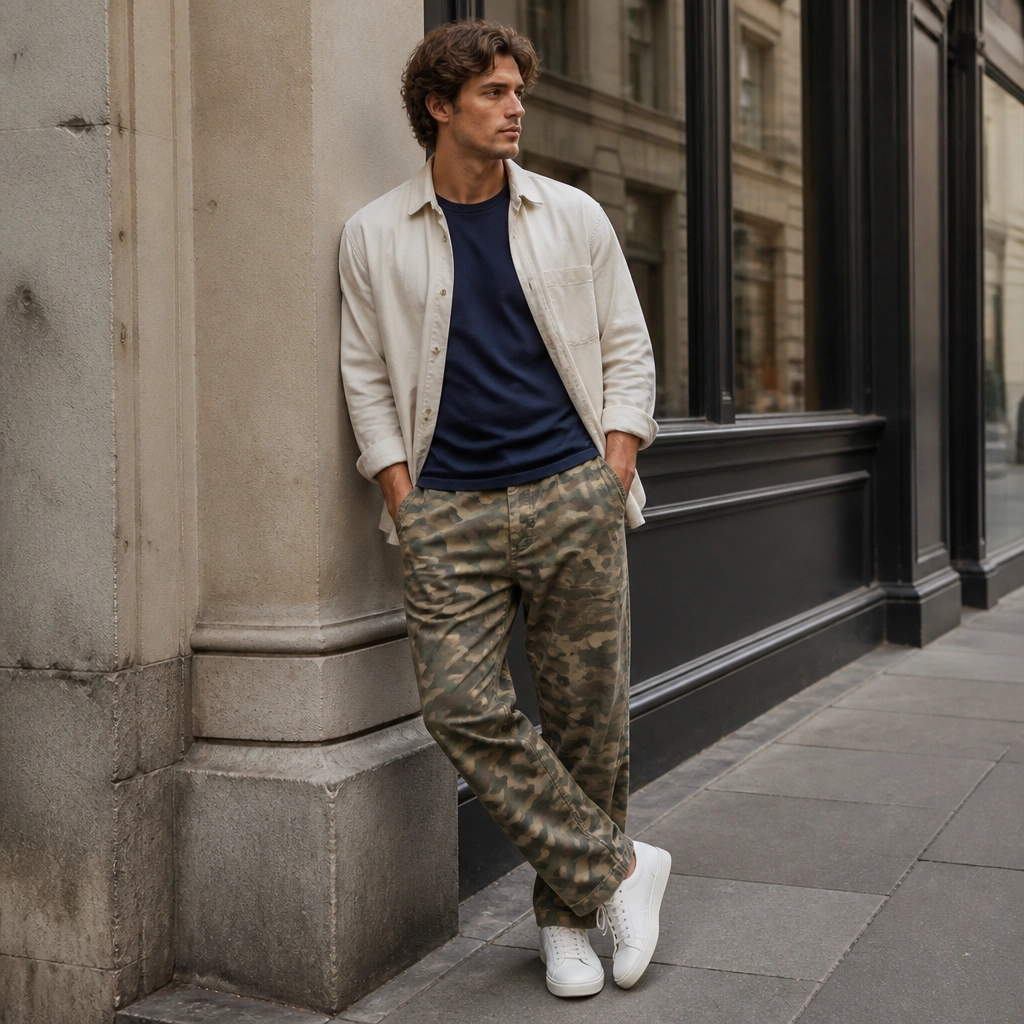 Camo pants with a navy t-shirt under a cream lightweight overshirt, styled with white low-top sneakers; the photo shows a relaxed, layered street style.