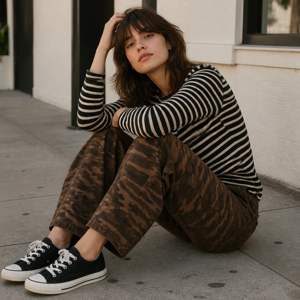 Brown camo pants paired with a black-and-cream striped long-sleeve shirt and black canvas sneakers; the image shows a casual sidewalk background.