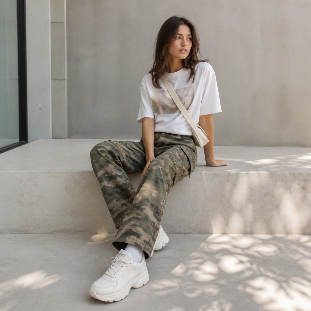 Olive camo pants with a simple graphic t-shirt (white base with a muted design), oversized white dad sneakers, and a minimal crossbody bag.