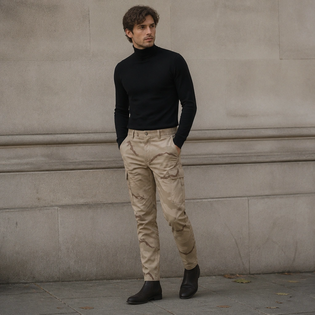 Tan camo pants styled with a fitted black turtleneck and dark Chelsea boots; the photo shows a cooler-weather vibe with a neutral background.
